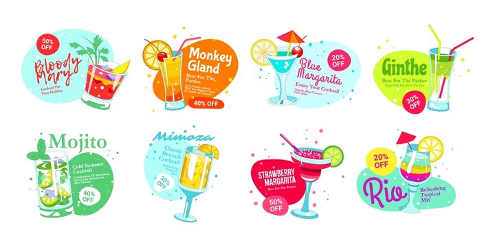 Cocktail sticker set, vector icon collection