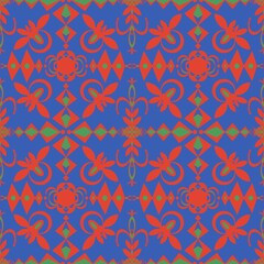 Obraz premium Seamless floral pattern in ethnic style. Geometric texture. Red, green, blue colors. Illustration. Square damask ornament. Design for textiles, wrapping paper, background, wallpaper, cover.