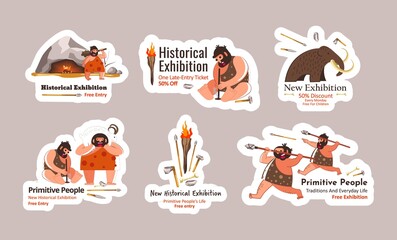 History exhibition sticker set with primitive man