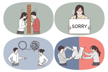 Relation and communication problems concept. Set of young couples having misunderstanding feeling lonely sorry trying to solve problem and cutting paper in rage vector illustration 