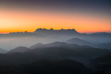 Sunrise over Doi Luang Chiang Dao mountain and foggy on hill in national park from Doi Kham Fah viewpoint