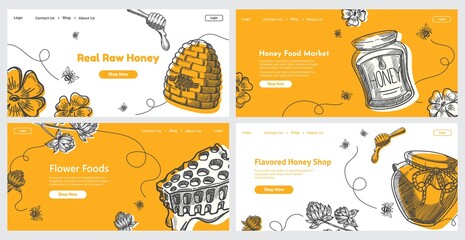 Honey food, web banner set, vector illustration - obrazy, fototapety, plakaty
