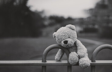 Black and white Lost teddy bear sitting on bench at playground in gloomy day,Lonely and sad face...