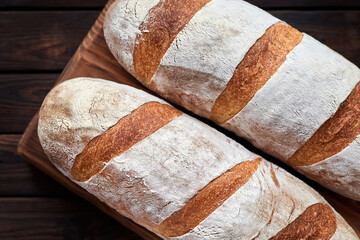 Freshly baked homemade wheat loaves on wooden background. Top view