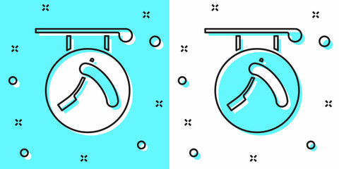 Black line Barbershop with razor icon isolated on green and white background. Hairdresser logo or signboard. Random dynamic shapes. Vector