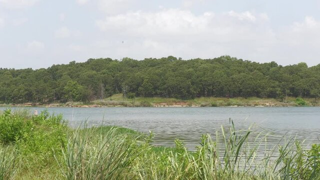 Wide steady shot of a lake with soft ripples of water flowing toward the grassy bank