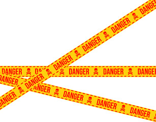 Yellow danger tape on transparent background with skull. Vector warning ribbon on yellow and red colors