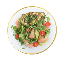 Delicious pomelo salad with grilled avocado and tomatoes on white background, top view
