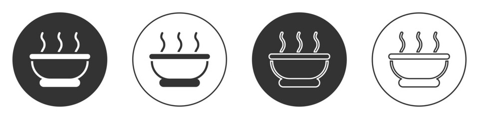 Black Bowl of hot soup icon isolated on white background. Circle button. Vector