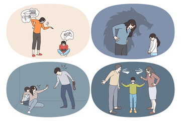 Home violence and victims of harassment concept. Set of afraid scared children kids feeling stressed of parents fight scandals misunderstanding at home vector illustration 