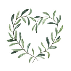 Watercolor heart-shaped wreath made from olive or eucalyptus branches with green leaves. Holiday greenery frame, invitation or greeting card template, isolated. Minimalist modern style design.