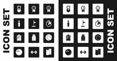 Set Medal, Golf flag, Bowling pin, Kettlebell, Stopwatch, Baseball ball and Sport training program icon. Vector