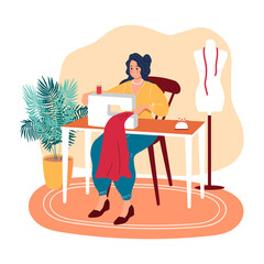 Women sew clothes on a sewing machine sitting at a table. Young seamstress. Flat vector illustration isolated on a white background.