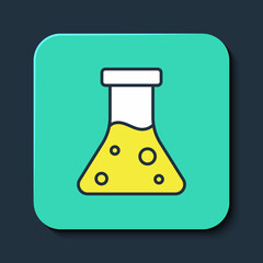 Filled outline Oil petrol test tube icon isolated on blue background. Cmemistry flask and falling drop. Turquoise square button. Vector