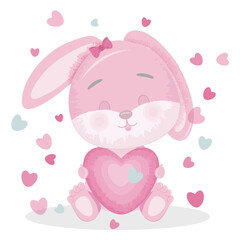 Obraz na płótnie Canvas Cute chubby pink cartoon bunny hugs a heart.