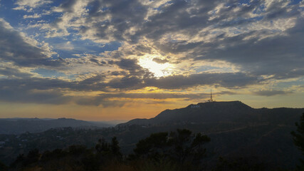 Panoramic view of the Hollywood hills surrounded by the mountains.