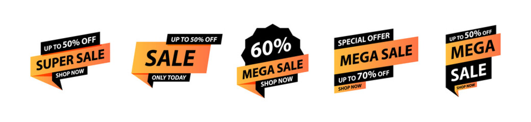 Sale tags collection. Special offer, big sale, discount, best price, mega sale banner set. Shop or online shopping. Sticker, badge, coupon, store. Vector Illustration.