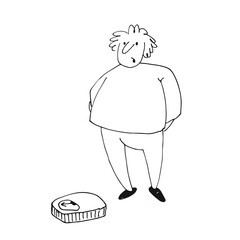 A fat man looks at the scales, a funny character, hand drawn vector illustration