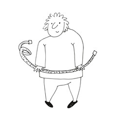 Fat man with the measuring tape, a funny character, hand drawn vector illustration