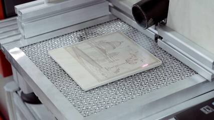 The equipment works according to the program and burning images on a wooden surface by means of a laser and removing smoke in the process. Closeup