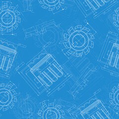 Mechanical engineering drawings on blue background. Cutting tools, milling cutter. Technical Design. Cover. Blueprint. Seamless pattern. Vector illustration.