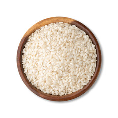 Raw carnaroli risotto rice in a bowl isolated over white background