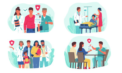 Medical insurance. Family healthcare landing page with happy family and pediatrician doctor. Vector web page template for medical services and pharmacy