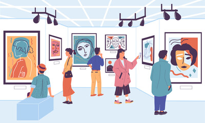 Art gallery. Cartoon people at museum exhibition looking at paintings and artworks, tourists on festival. Vector contemporary exposition visitors - obrazy, fototapety, plakaty