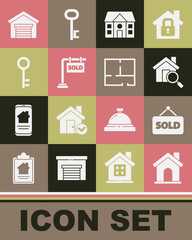 Set House, Hanging sign with text Sold, Search house, key, Garage and plan icon. Vector