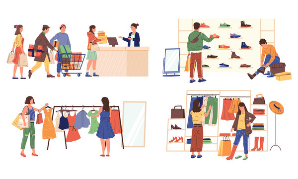 Characters shopping. People at retail store or supermarket with grocery bags and carts. Vector happy cartoon friends and family at store