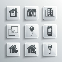 Set House with key, Online real estate house, heart shape, plan, under protection and icon. Vector