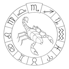 Astrological symbols in the circle. Zodiac sign Scorpion horoscope symbol. Mystical astrology elements. Sketch illustration.