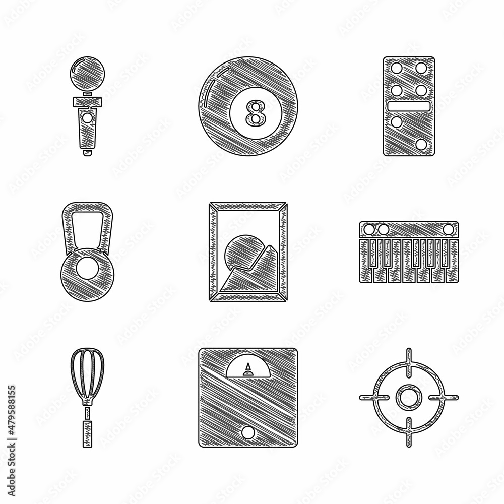 Poster Set Picture landscape, Bathroom scales, Target sport, Music synthesizer, Kitchen whisk, Kettlebell, Domino and Joystick for arcade machine icon. Vector