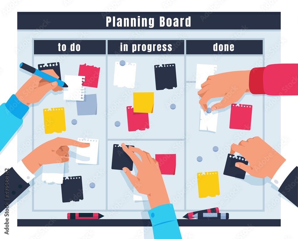 Aufkleber scrum task board. ream project collaboration, cartoon hands pointing on kanban board with tasks. vec