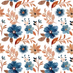 Fotobehang Bruin Naadloos patroon van blauwe bloemenwaterverf
