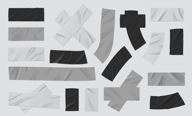 Fototapeta premium Duct tape. Realistic black and grey adhesive bandage, sticky isolated strip piece, torn duct tape. Vector isolated set