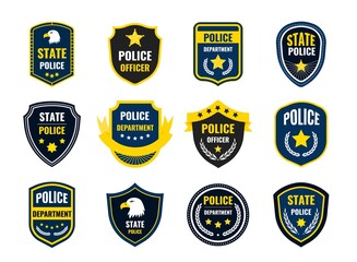 Naklejka premium Police shield. Policeman and security department badge, government federal department authority symbol. Vector cop sign