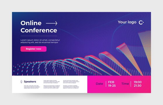 Webinar conference. Online meeting invitation poster, web media event and lecture promotion. Vector business summit invitation