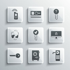 Set Safe, Digital door lock, Lock on computer monitor, Key, Broken cracked, Car key with remote and Undefined icon. Vector