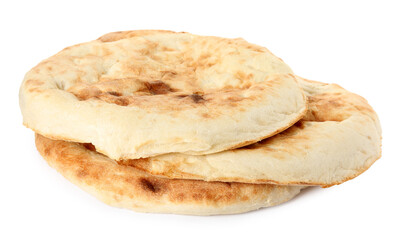 Loaves of delicious fresh pita bread on white background