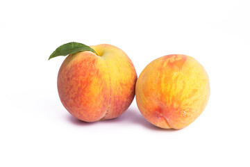 Ripe fresh peaches  fruit isolated on white background.