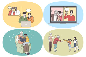 Online communication and Happy family concept. Set of happy family relatives meeting online reading grandparents meeting their grandkids enjoying time together vector illustration 