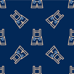 Obraz premium Line Lederhosen icon isolated seamless pattern on blue background. Traditional bavarian clothing. Oktoberfest outfit. Pants with suspenders. Patrick day. Vector
