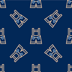 Line Lederhosen icon isolated seamless pattern on blue background. Traditional bavarian clothing. Oktoberfest outfit. Pants with suspenders. Patrick day. Vector