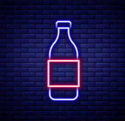Glowing neon line Bottle of wine icon isolated on brick wall background. Colorful outline concept. Vector