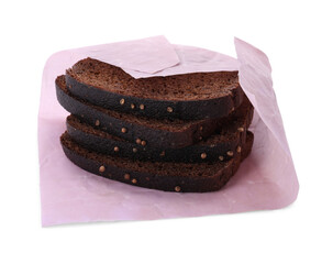 Bread slices in pink beeswax food wrap on white background