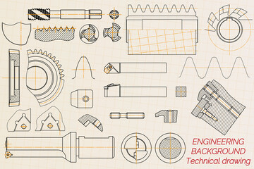 Mechanical engineering drawings on light background. Tap tools, borer, cutting tools, milling cutter. Technical Design. Cover. Blueprint. Vector illustration.