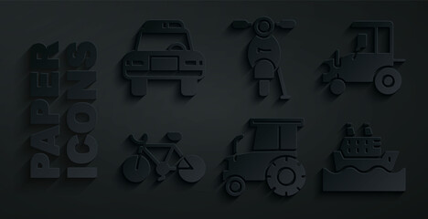 Set Tractor, Bicycle, Cruise ship, Scooter and Police car and flasher icon. Vector