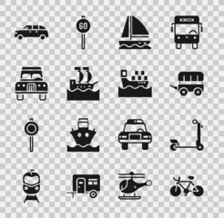 Fototapeta premium Set Bicycle, Scooter, Wild west covered wagon, Yacht sailboat, Sailboat, Car, Hatchback car and Cargo ship with boxes icon. Vector