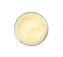 Jar of delicious mayonnaise isolated on white, top view